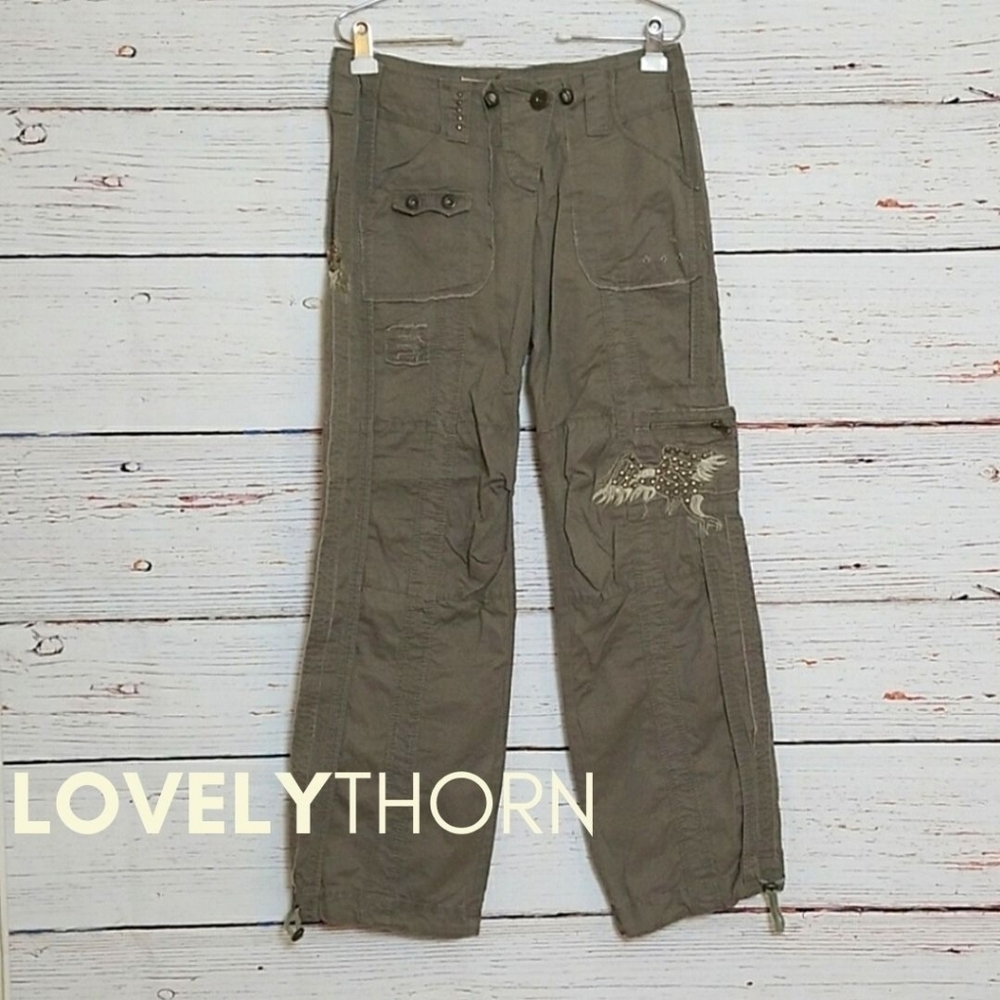 R&JC // ltd ed khaki embroidered stud crystal distressed cargo pants